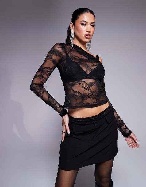 ASOS DESIGN - Top a maniche lunghe in pizzo nero con spalle scoperte - view 1