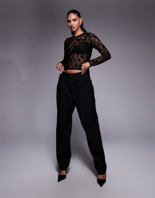 ASOS DESIGN - Top a maniche lunghe in pizzo nero trasparente con paillettes sparse, 2 di 4
