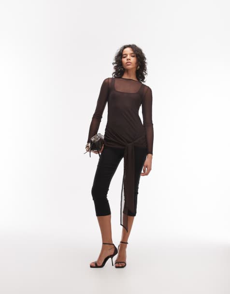 ASOS DESIGN - Top a maniche lunghe in rete color cioccolato con incrocio - view 1