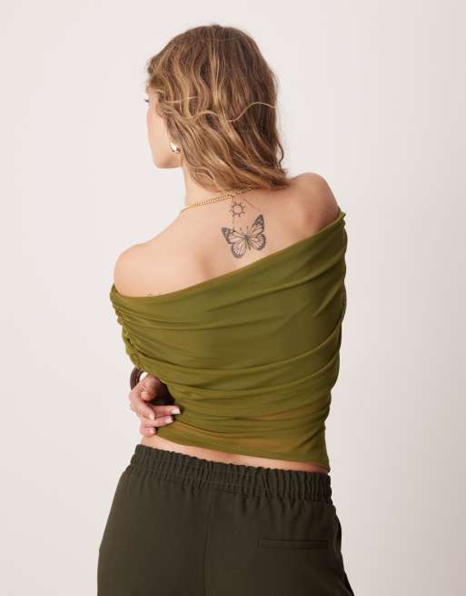 ASOS DESIGN - Top a maniche lunghe in rete color oliva con scollo risvoltato ampio, 2 di 4