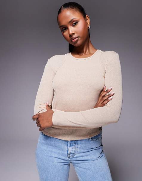 ASOS DESIGN - Top a maniche lunghe in rete color pietra a doppio strato - view 1