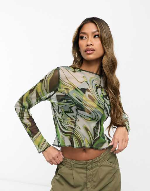 ASOS DESIGN - Top a maniche lunghe in rete marmorizzata con cuciture a vista