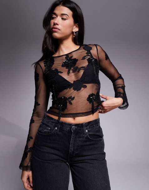 ASOS DESIGN - Top a maniche lunghe in rete nero ricamato a fiori con perline pendenti e paillettes - view 1