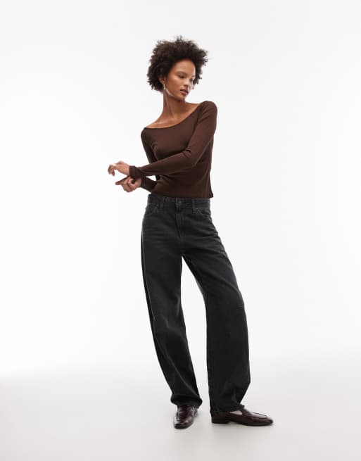ASOS DESIGN - Top a maniche lunghe in rete semitrasparente marrone con scollo rotondo, 3 di 4