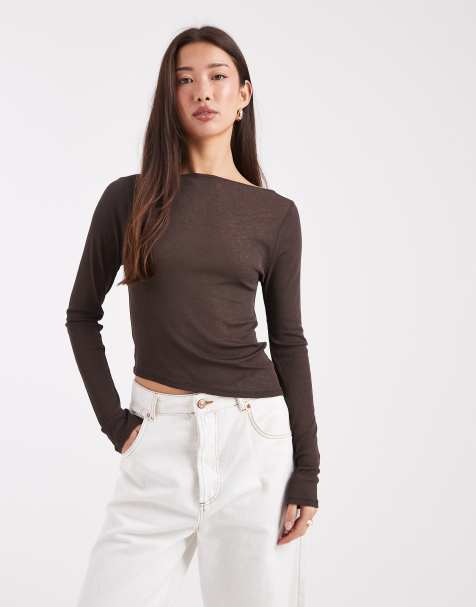 ASOS DESIGN - Top a maniche lunghe in rete trasparente marrone con fondo asimmetrico - view 1