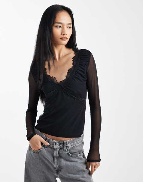 ASOS DESIGN - Top a maniche lunghe in tessuto a rete neo con scollo profondo e finiture in pizzo - view 1