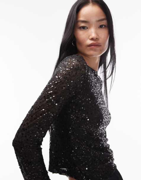 ASOS DESIGN - Top a maniche lunghe in tessuto a rete nero trasparente con paillettes ondulate - view 1