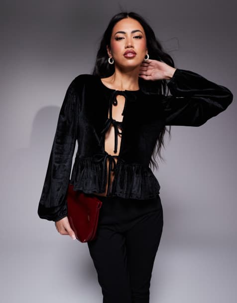 ASOS DESIGN - Top a maniche lunghe in velluto nero con laccio sul davanti - view 1