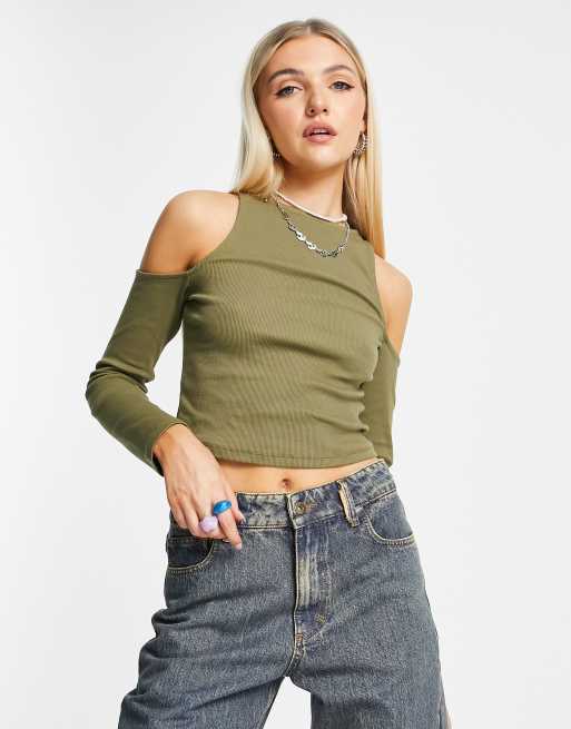 ASOS DESIGN - Top a maniche lunghe kaki con spalle scoperte