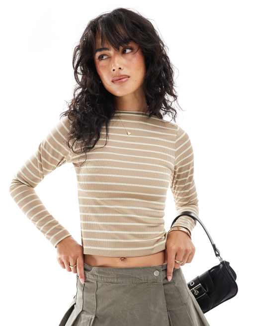 ASOS DESIGN - Top a maniche lunghe marrone a righe con schiena scoperta