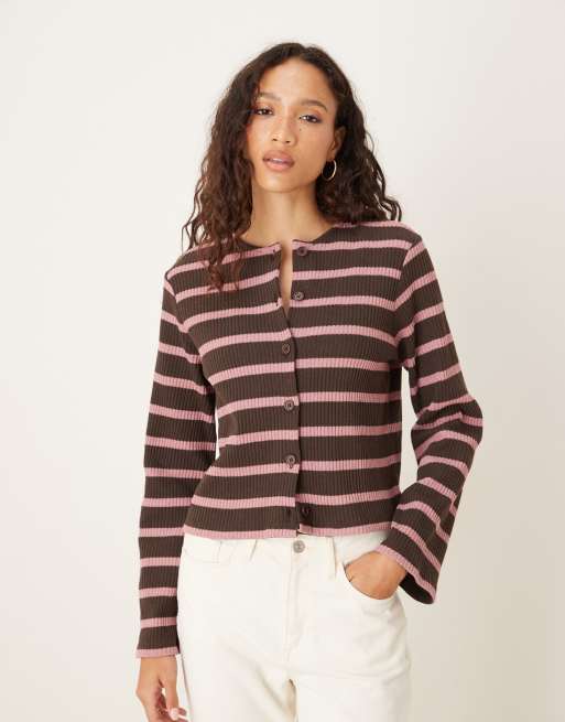 ASOS DESIGN - Top a maniche lunghe marrone a righe cut and sew con bottoni in coordinato