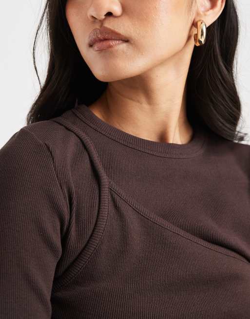 ASOS DESIGN - Top a maniche lunghe monospalla marrone a coste a doppio strato, 4 di 4
