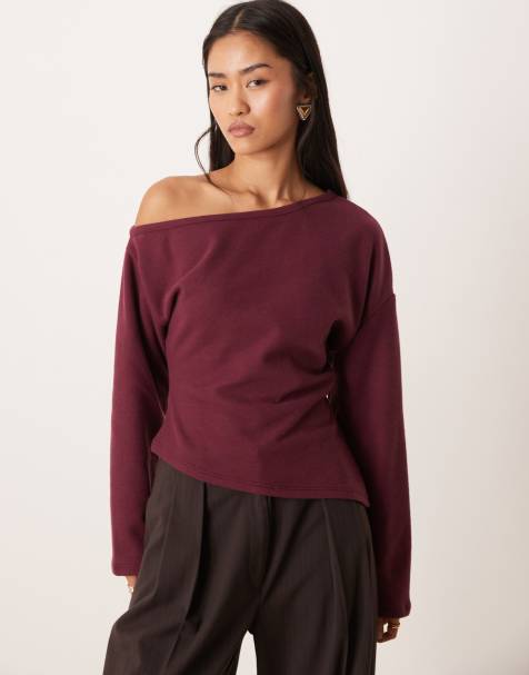 ASOS DESIGN - Top a maniche lunghe morbidissimo color vino con spalla scoperta e vita a corsetto - view 1