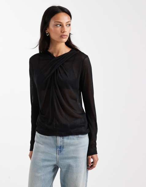 ASOS DESIGN - Top a maniche lunghe morbido semitrasparente nero con scollo drappeggiato - view 1