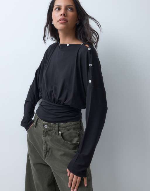 ASOS DESIGN top a maniche lunghe multiposizione con bottoni nero, 1 di 8