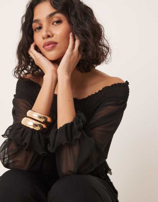 ASOS DESIGN - Top a maniche lunghe nero arricciato con scollo alla Bardot, 2 di 4