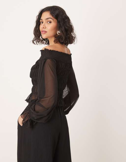 ASOS DESIGN - Top a maniche lunghe nero arricciato con scollo alla Bardot, 4 di 4
