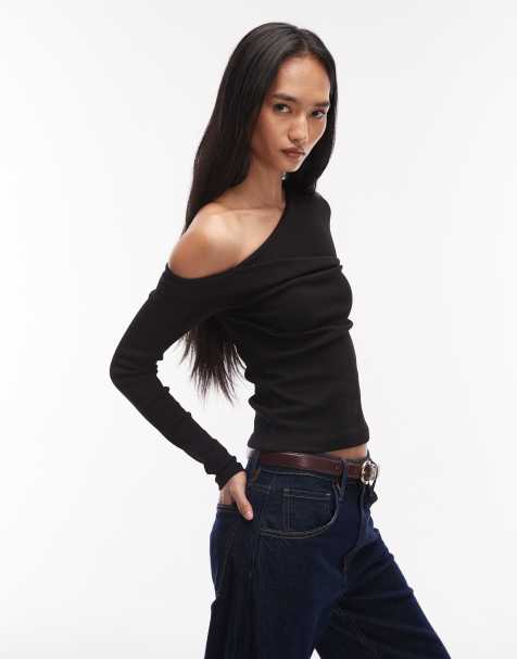 ASOS DESIGN - Top a maniche lunghe nero asimmetrico attorcigliato a coste - view 1