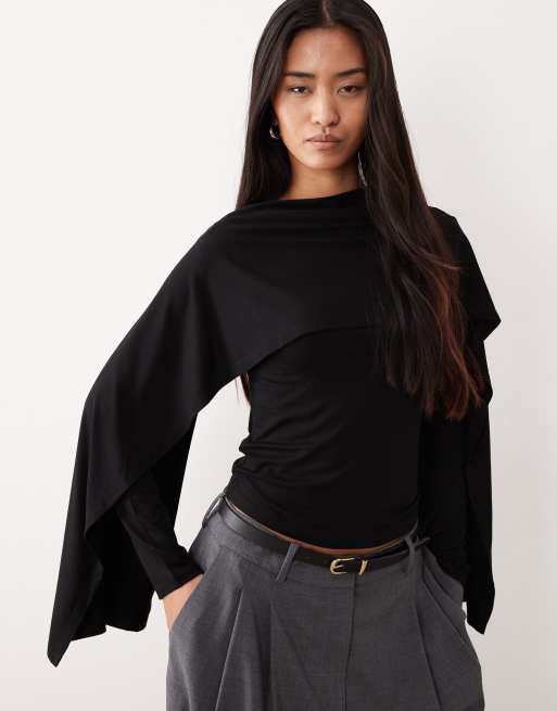 ASOS DESIGN - Top a maniche lunghe nero con dettaglio drappeggiato stile sciarpa