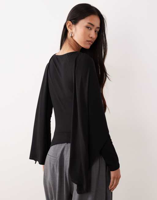 ASOS DESIGN Top a maniche lunghe nero con dettaglio drappeggiato