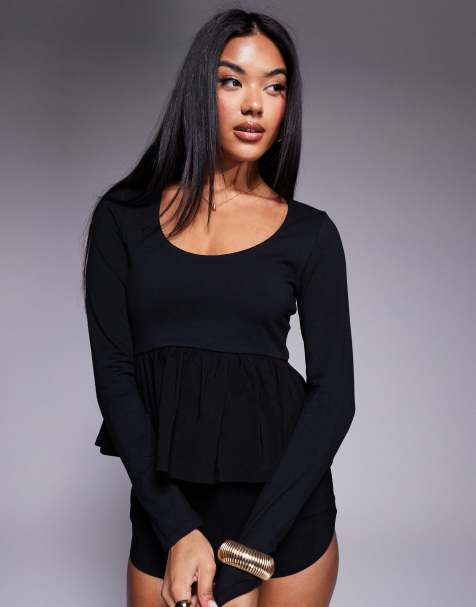 ASOS DESIGN - Top a maniche lunghe nero con fondo peplo e scollo rotondo - view 1