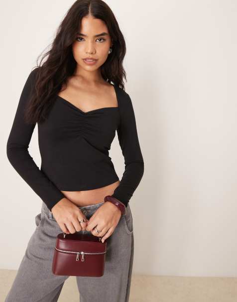 ASOS DESIGN - Top a maniche lunghe nero con scollo a cuore e arricciature - view 1