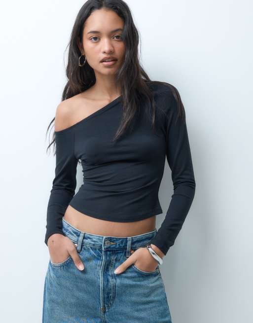 ASOS DESIGN - Top a maniche lunghe nero in cotone con spalle scoperte, 3 di 4