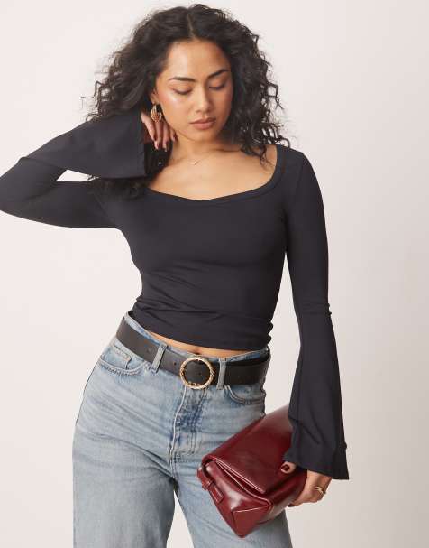 ASOS DESIGN - Top a maniche lunghe nero in poliammide con scollo a cuore - view 1