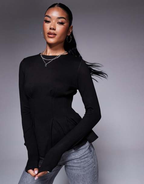 ASOS DESIGN - Top a maniche lunghe nero in tessuto ponte con pinces in vita - view 1