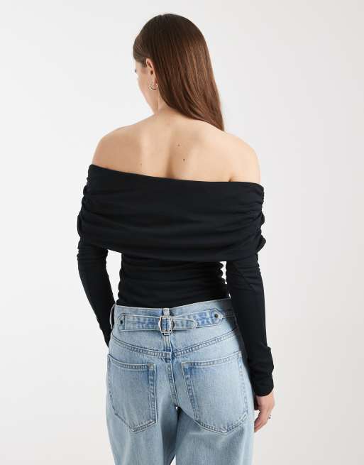 ASOS DESIGN - Top a maniche lunghe nero morbido al tatto con scollo alla Bardot con risvolto, 2 di 4