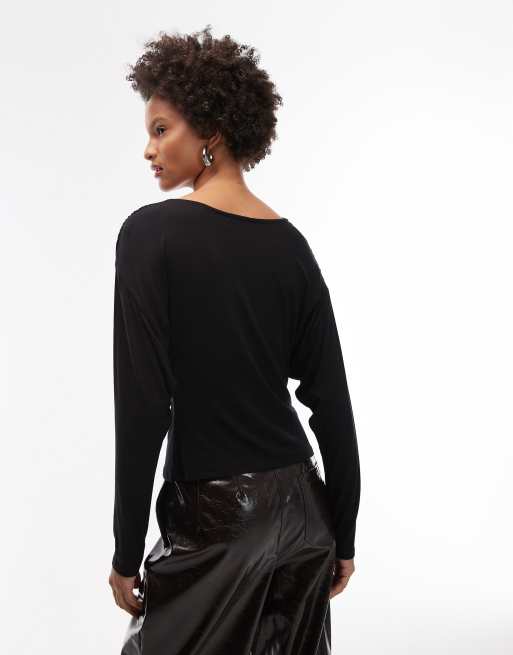 ASOS DESIGN - Top a maniche lunghe nero morbido con dettaglio attorcigliato sulla spalla, 3 di 4