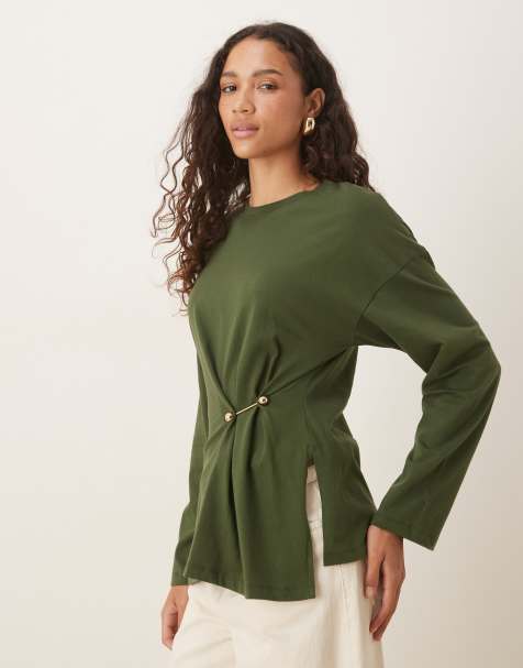 ASOS DESIGN - Top a maniche lunghe oversize kaki stretto in vita con dettaglio in metallo - view 1