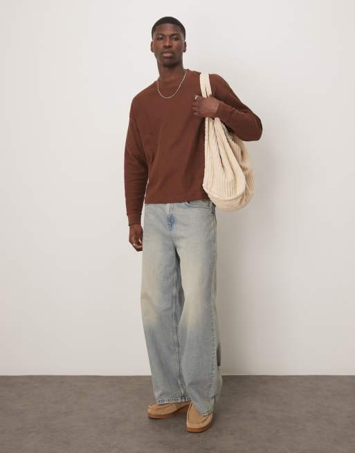 ASOS DESIGN - Top a maniche lunghe oversize squadrato in tessuto pesante premium testurizzato marrone