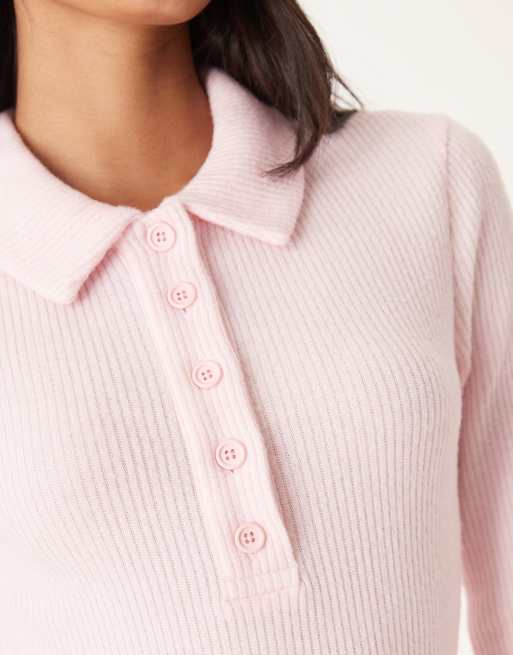 ASOS DESIGN - Top a maniche lunghe rosa a coste spazzolato in coordinato, 3 di 4