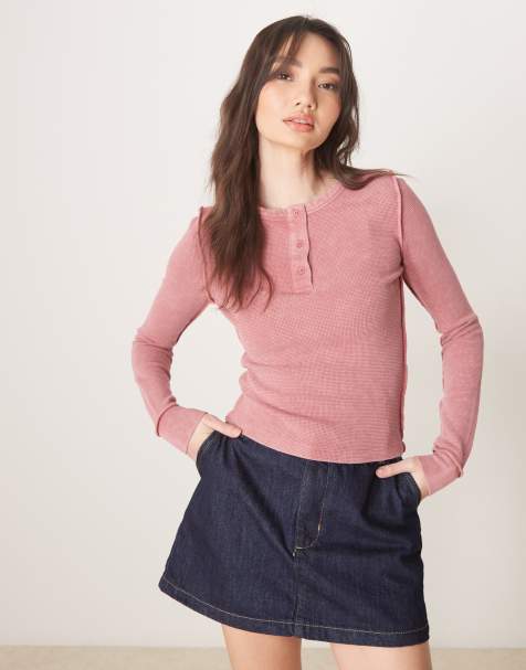 ASOS DESIGN - Top a maniche lunghe rosa slavato a nido d'ape con collo serafino - view 1