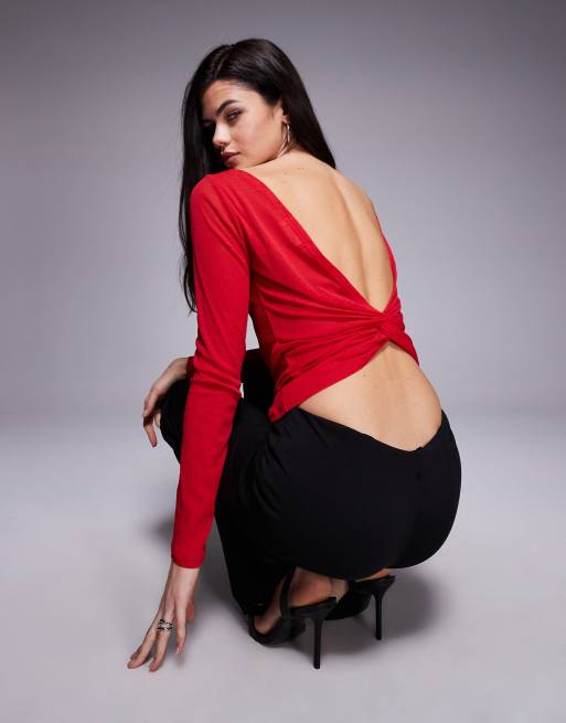 ASOS DESIGN - Top a maniche lunghe rosso semitrasparente con incrocio aperto sul retro, 2 di 4