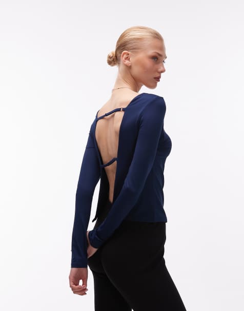 ASOS DESIGN - Top a maniche lunghe sinuoso aperto sul retro color blu navy - view 1