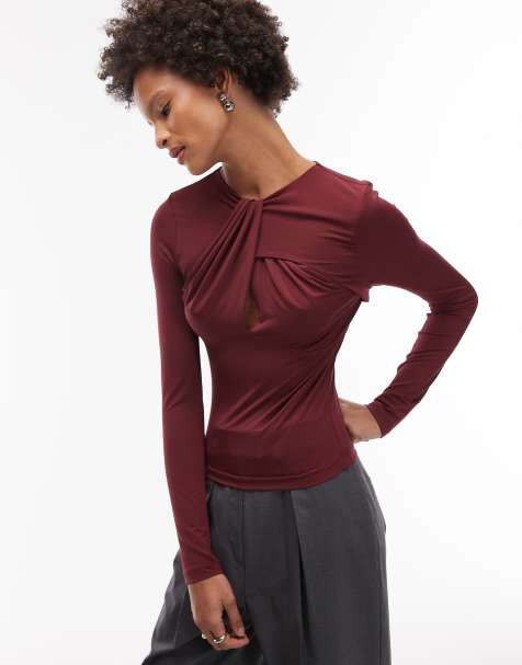 ASOS DESIGN - Top a maniche lunghe sinuoso bordeaux con cut-out e dettaglio attorcigliato - view 1