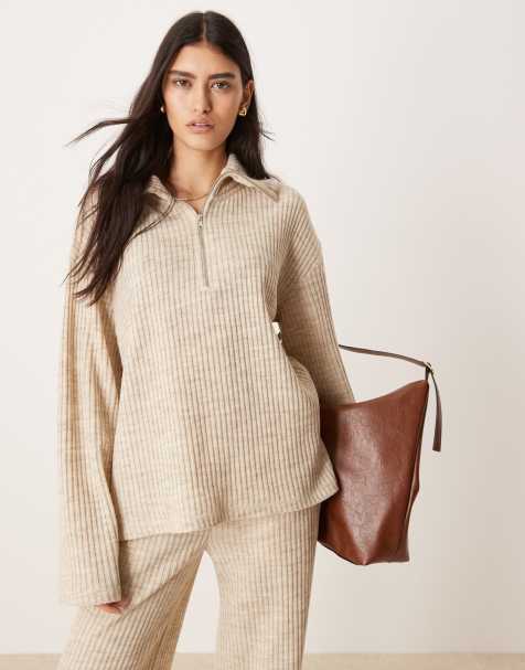 ASOS DESIGN - Top a maniche lunghe spazzolato a coste con zip corta crema in coordinato - view 1