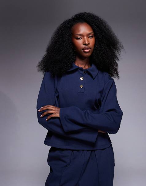 ASOS DESIGN - Top a maniche lunghe stretto in vita in tessuto interlock color blu navy - view 1