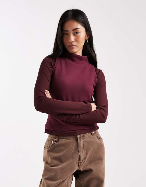 ASOS DESIGN - Top a maniche lunghe super morbido color prugna con collo a imbuto a doppio strato