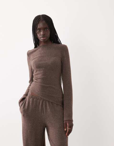 ASOS DESIGN top a maniche lunghe supersoft con fondo asimmetrico marrone - view 1