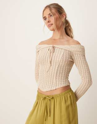 ASOS DESIGN - Top a maniche lunghe testurizzato color pietra con spalle scoperte e laccetti - view 1