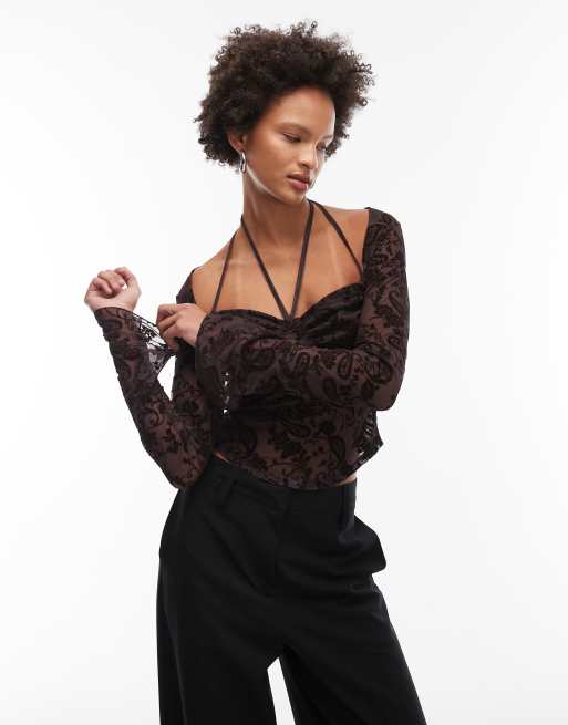 ASOS DESIGN - Top a maniche lunghe trasparente color cioccolato a fiori