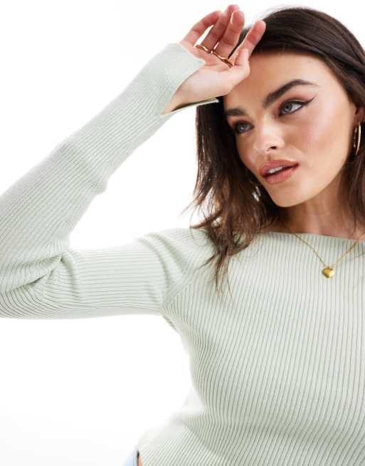 ASOS DESIGN - Top a maniche lunghe verde in maglia con scollo a barchetta