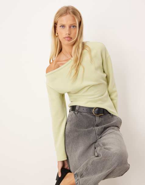 ASOS DESIGN - Top a maniche lunghe verde pastello morbido al tatto con vita a corsetto e spalla scoperta - view 1