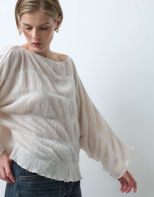 ASOS DESIGN top a mantella a maniche lunghe in tessuto testurizzato morbidissimo color crema, 1 di 5