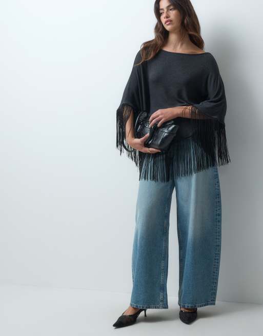 ASOS DESIGN top a mantella con frange a spalle scoperte nero, 4 di 5