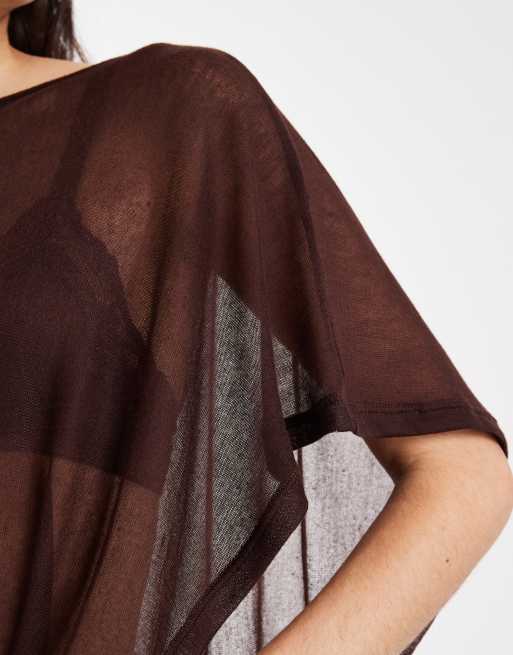 ASOS DESIGN - Top a mantella effetto maglia semitrasparente color cioccolato con scollo dritto, 2 di 4