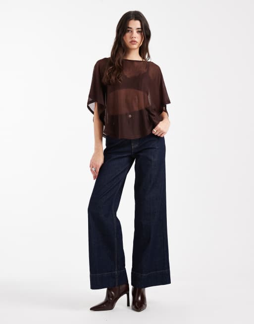 ASOS DESIGN - Top a mantella effetto maglia semitrasparente color cioccolato con scollo dritto, 3 di 4